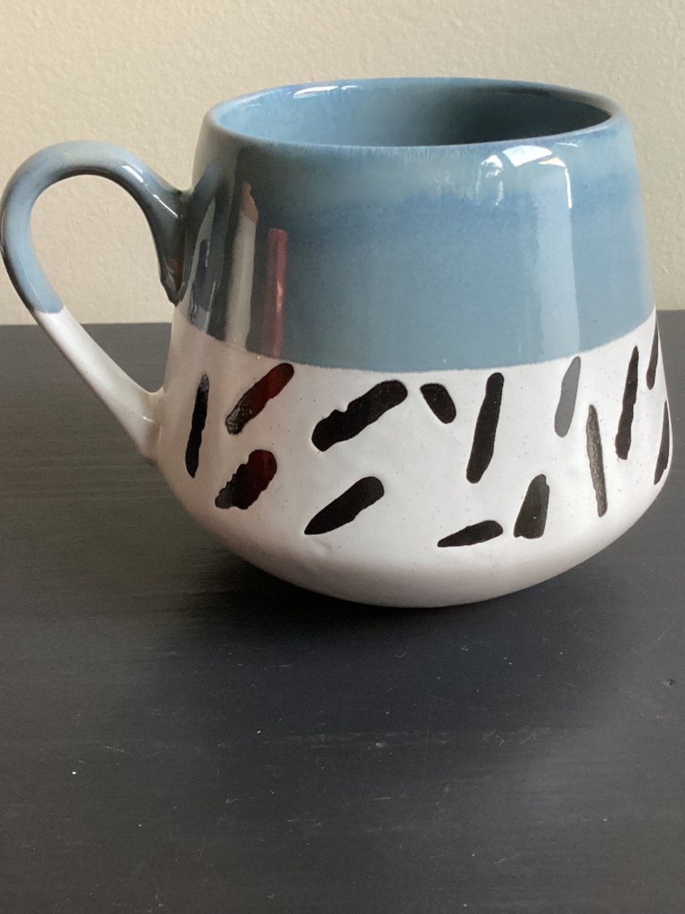 Old Pottery Company. Stoneware Hand Glazed Coffee Mug Blue,Black,White